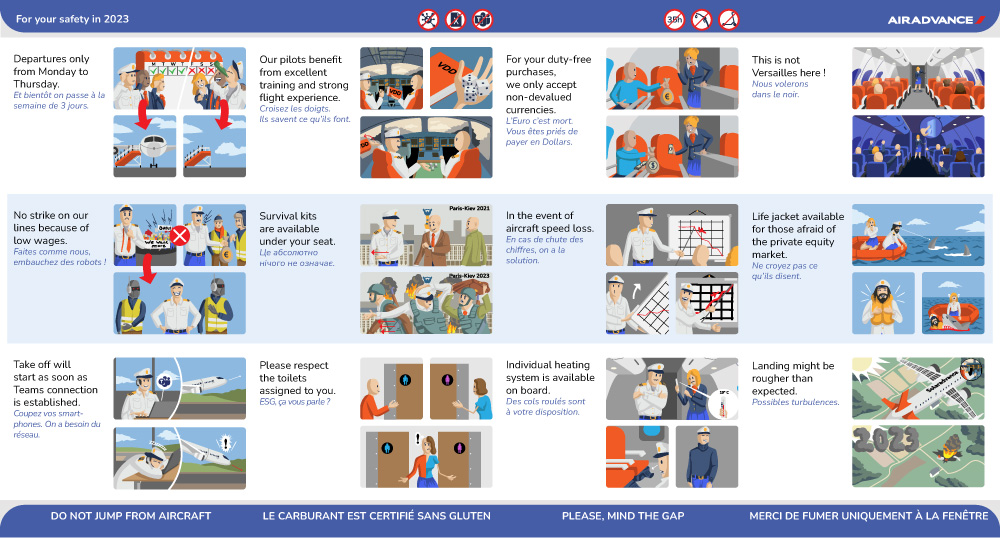Présentation Advance capital d'une brochure intérieur safety card sur le ton humoristique pour les voeux de fin d'année
